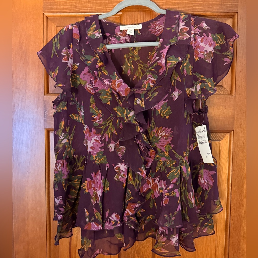 NWT Nordstrom Floral Ruffle Blouse - Purple and Green